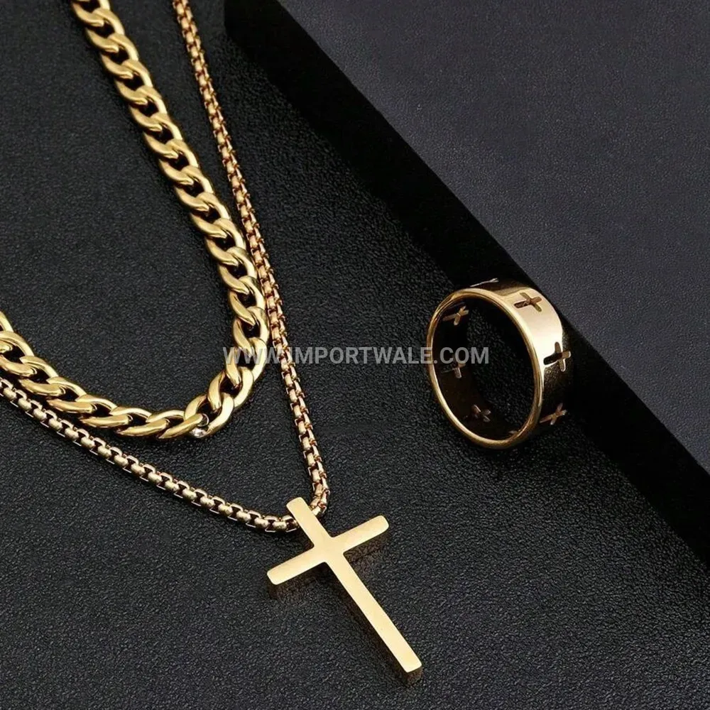 Trendy Stainless Steel Cross Motif Three Piece Jewelry Set