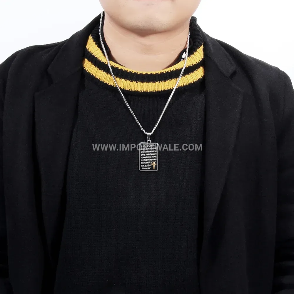 Engraved Rectangular Cross Pendant Stainless Steel Necklace