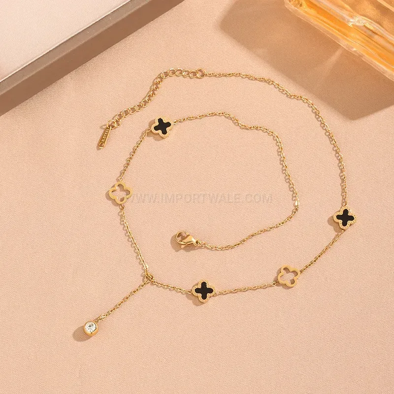 Titanium Steel Four Leaf Clover Charm Pendant Tassel Necklace
