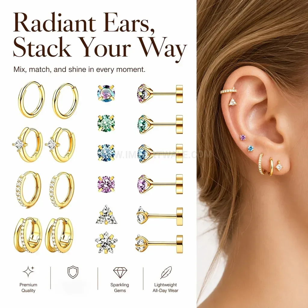 Classic Sparkling Flat Back Stainless Steel Ear Stud Set