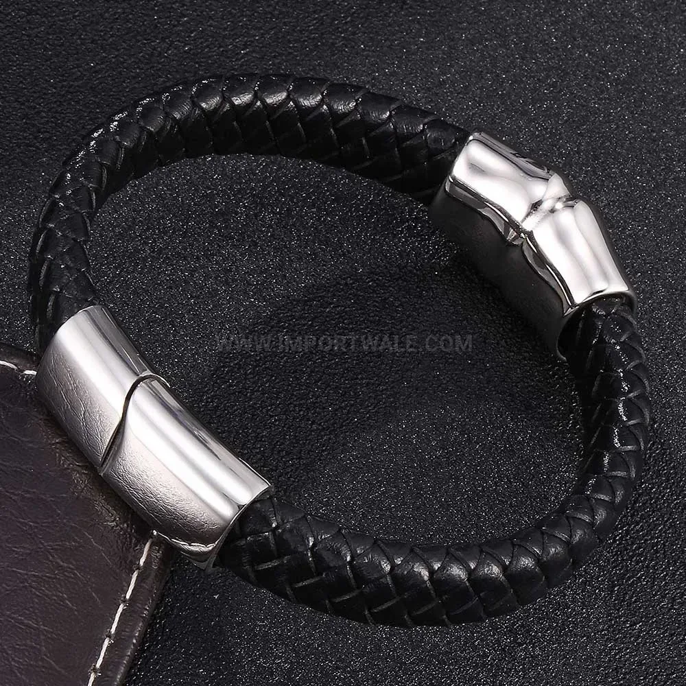 Men's Genuine Leather Bracelet with Stainless Steel Magnetic Clasp