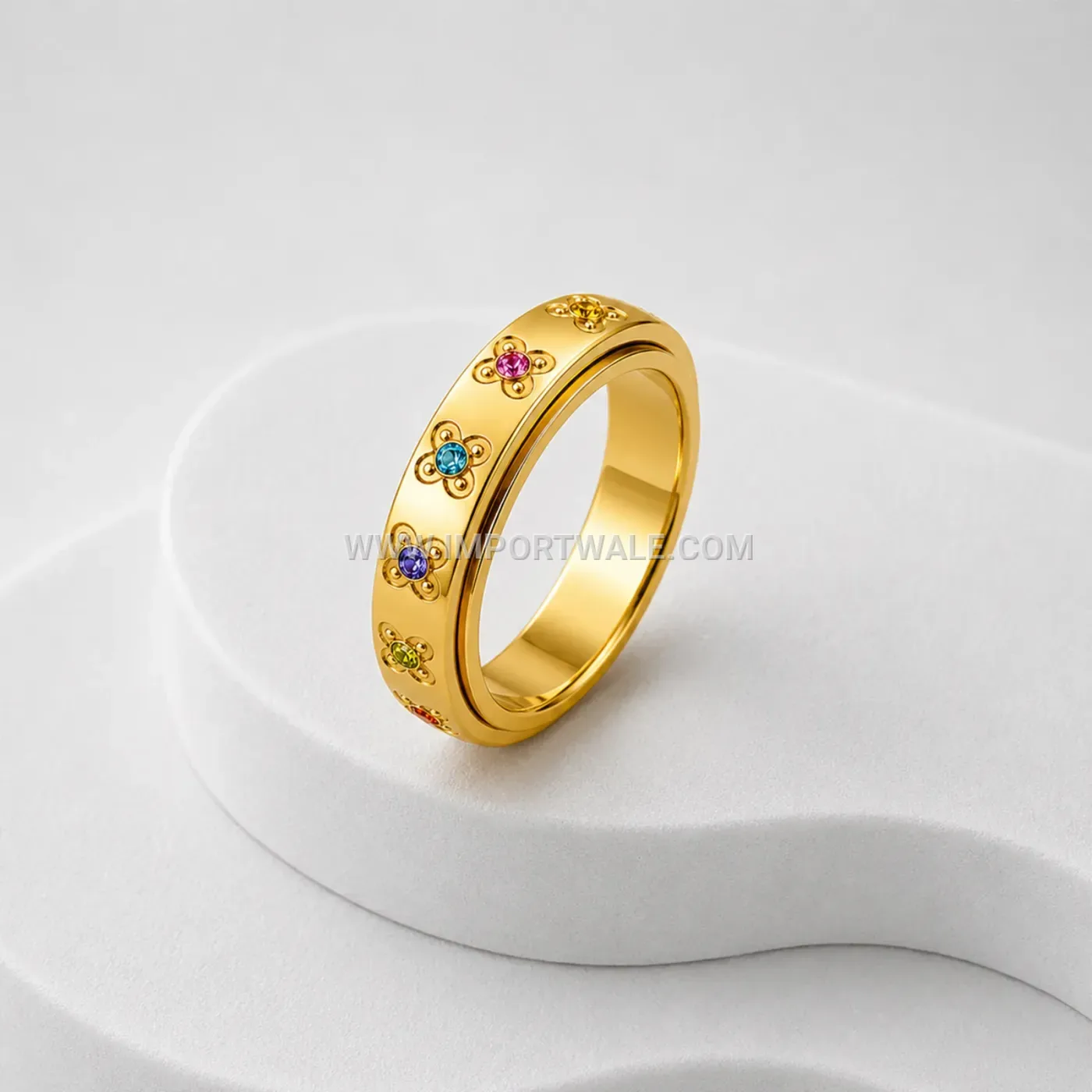 Spinning Floral Motif Stainless Steel Band Ring