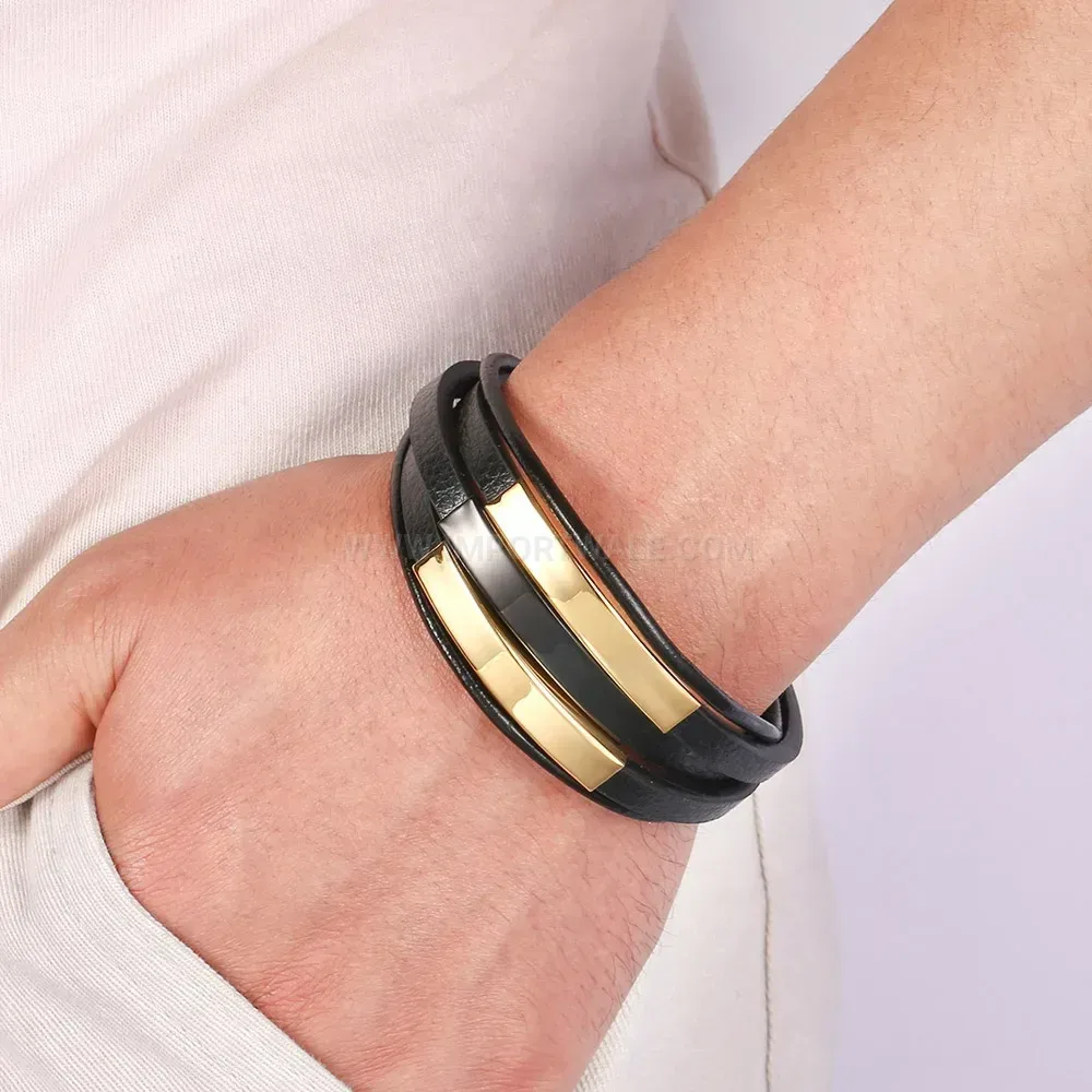 Multi-Layer Black Leather Bracelet with Polished Stainless Steel Clasp