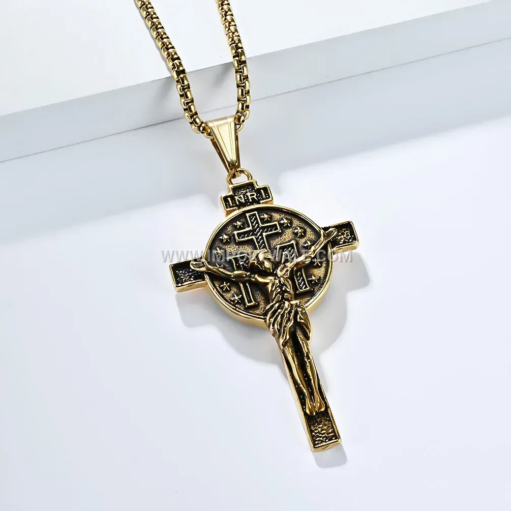 Vintage Portrait Cross Stainless Steel Pendant Necklace for Men