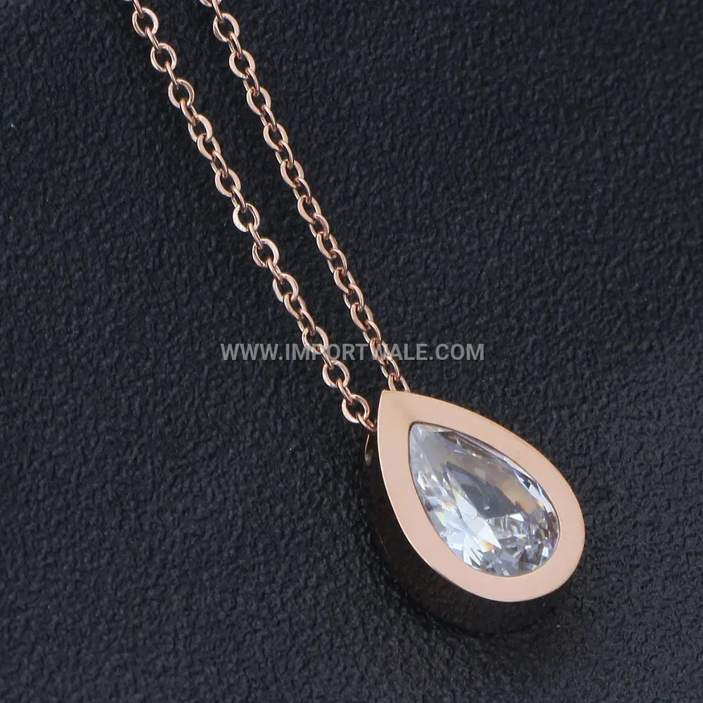 Cubic Zirconia Teardrop Stainless Steel Pendant Necklace