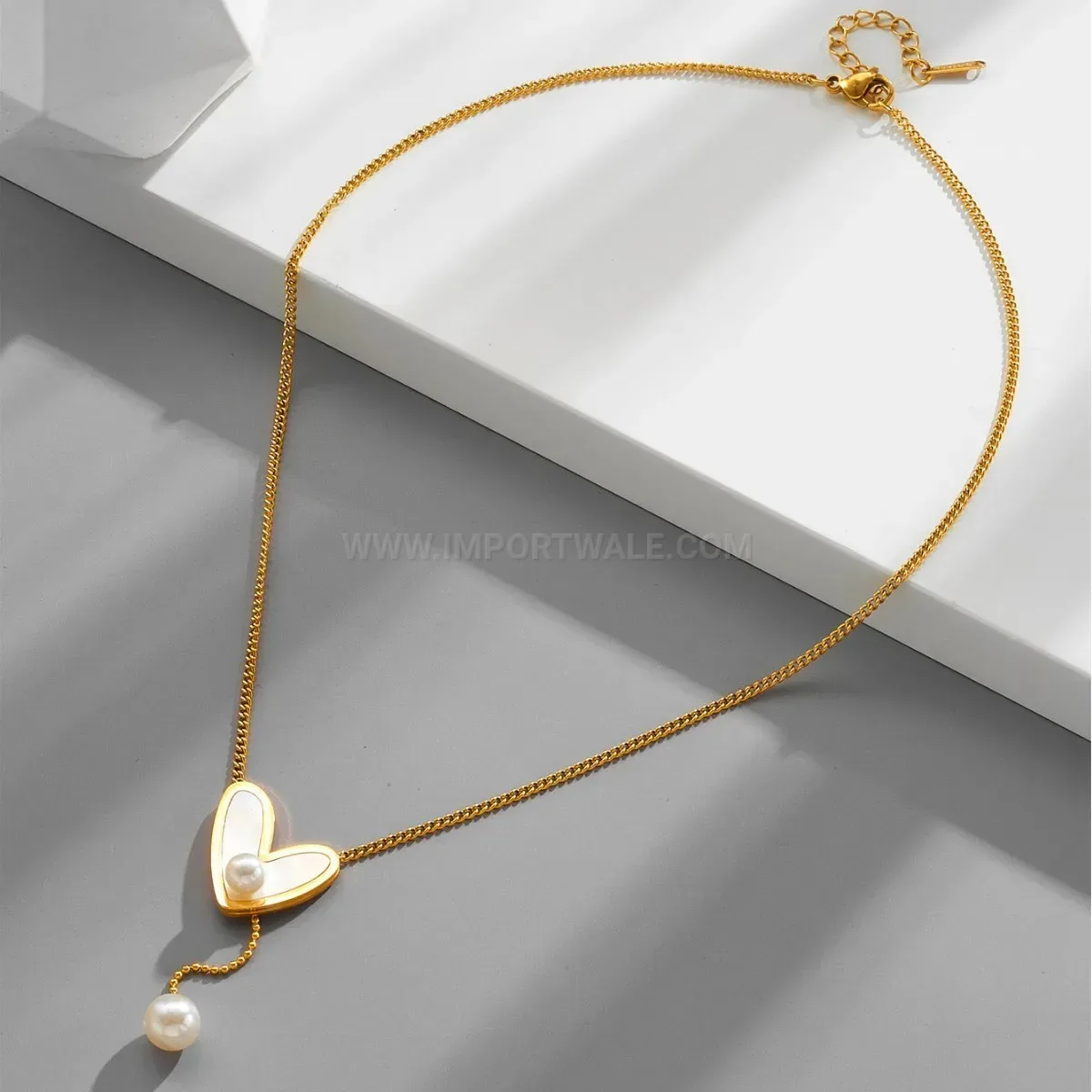 Fashion Gold Titanium Steel Heart Pendant Necklace with Faux Pearl Detail