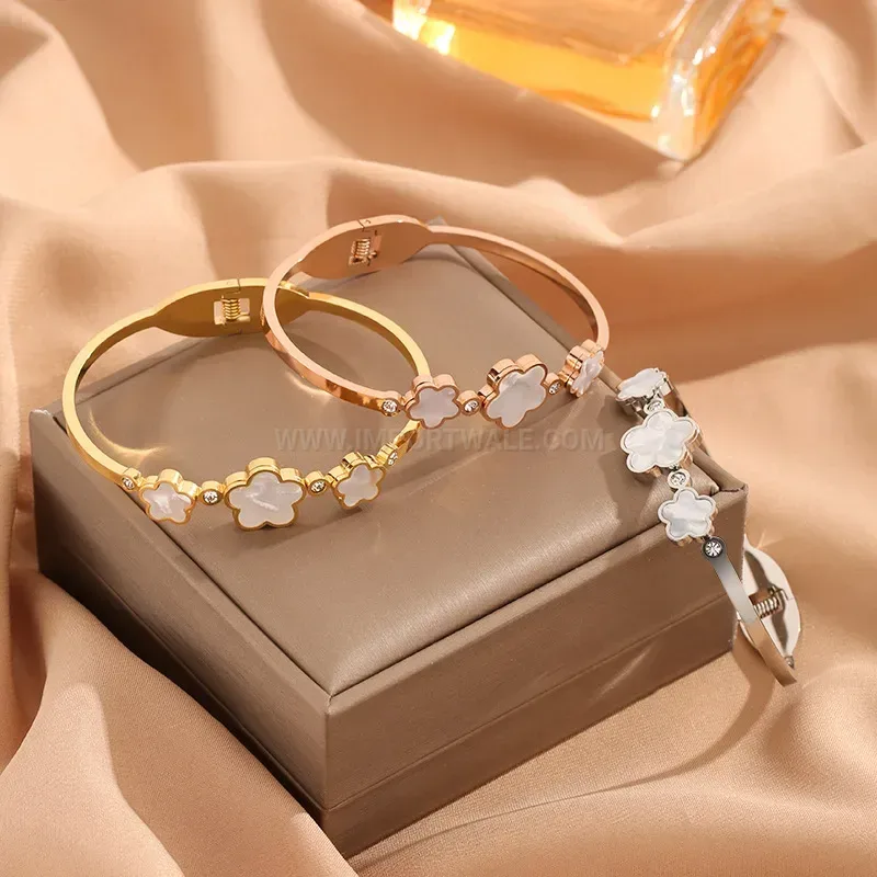 Triple Clover Faux Shell Titanium Open Bangle Bracelet