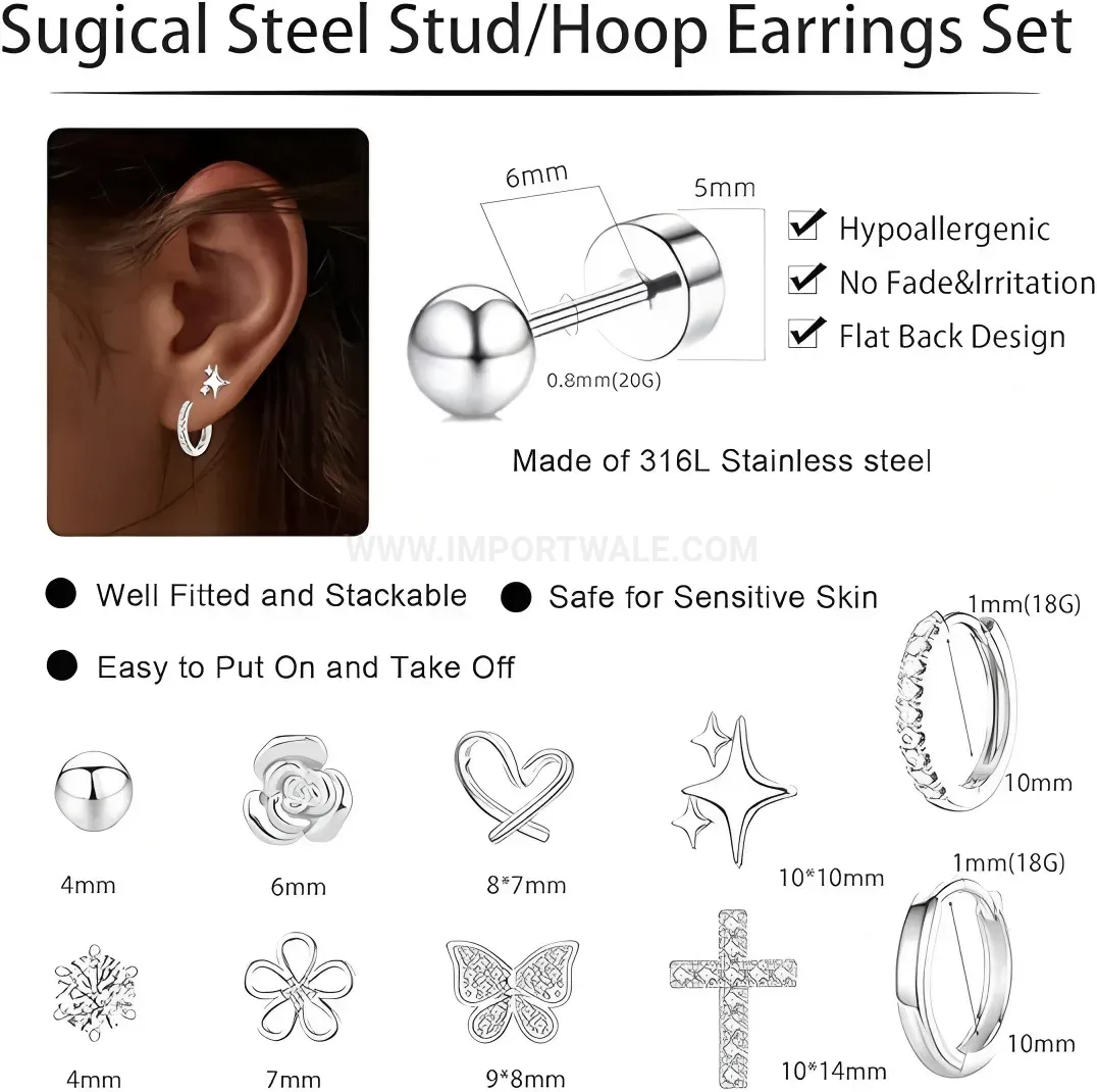 Elegant Stainless Steel Rose Flower Cross Cartilage Stud Piercing Set