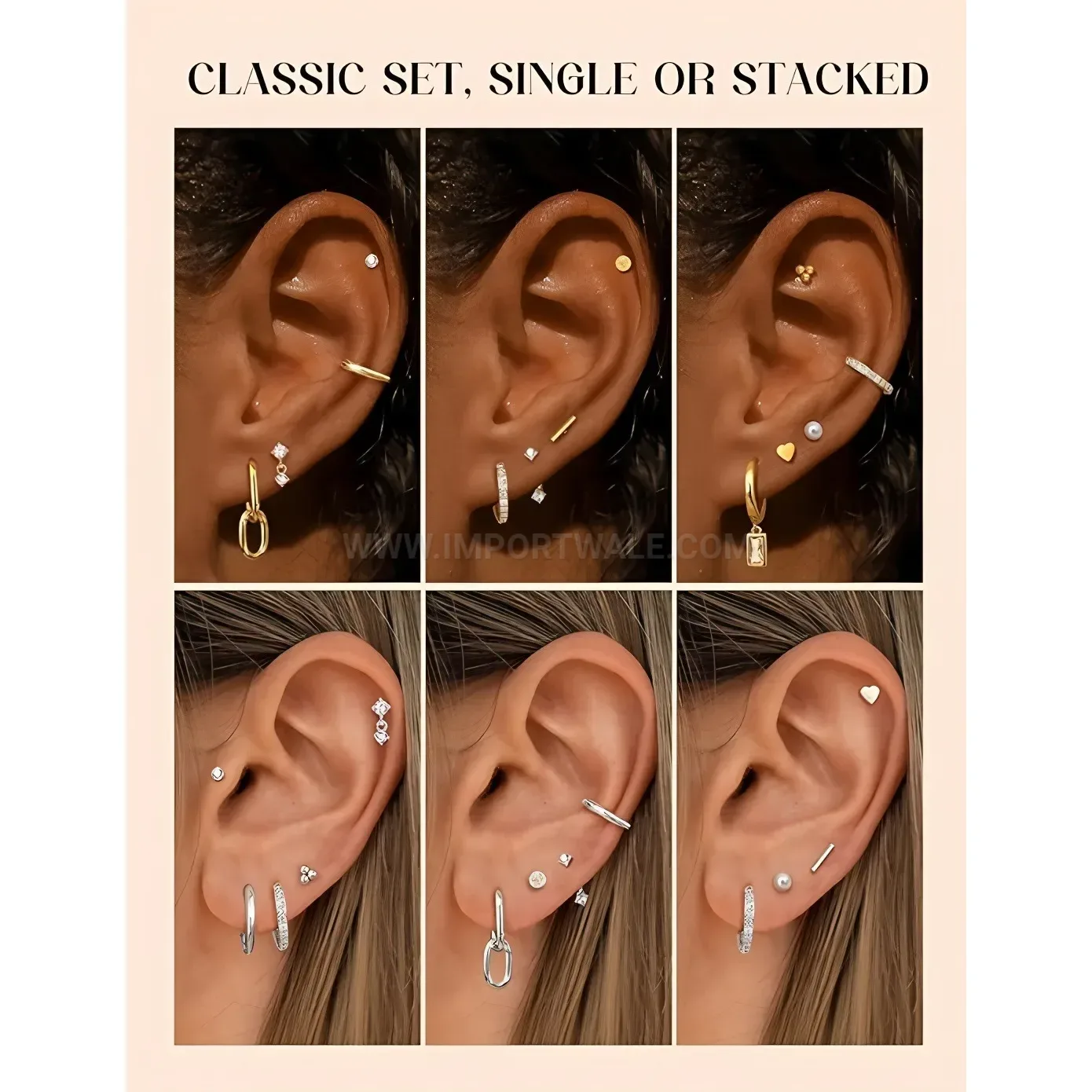 Classic Geometric Stainless Steel Crystal and Pearl Piercing Stud Set