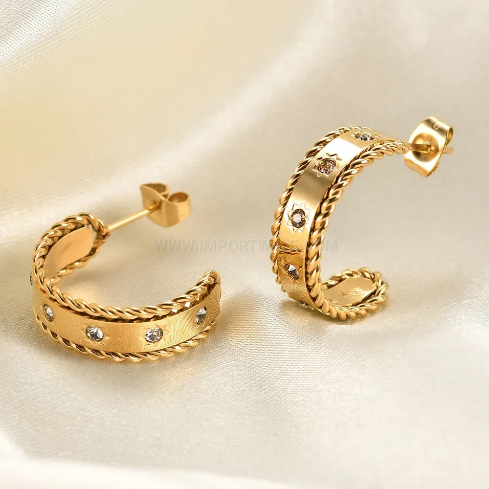 Classic Twisted Wide C Shaped Zircon Stainless Steel Earrings