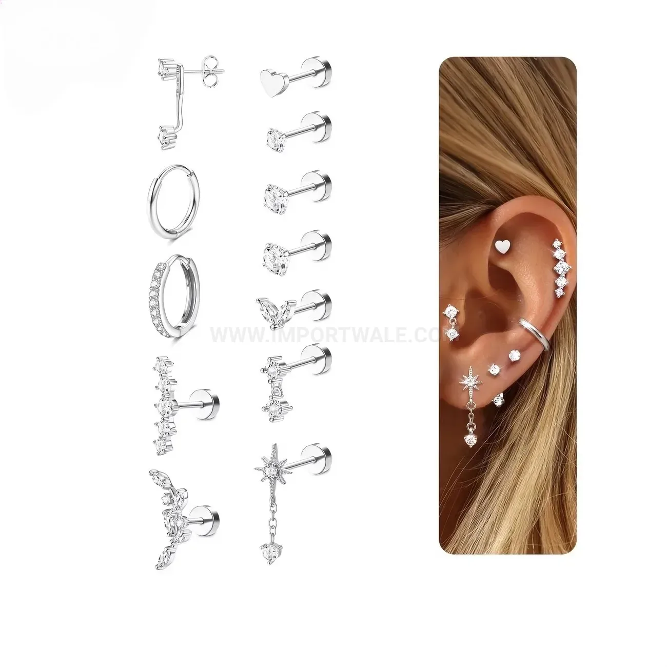 Delicate Stainless Steel Star Butterfly Rhinestone Dangle Cartilage Piercing Set