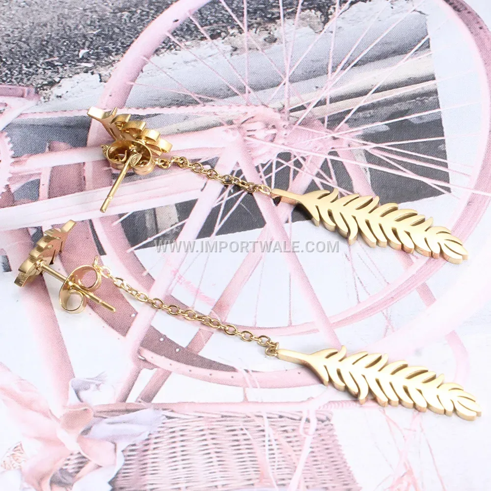 Gold Plated Stainless Steel Leaf Drop Earrings