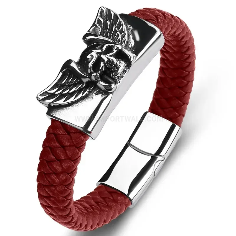Stylish Gothic Skull Accent Braided Leather Stainless Steel Men Bracelet