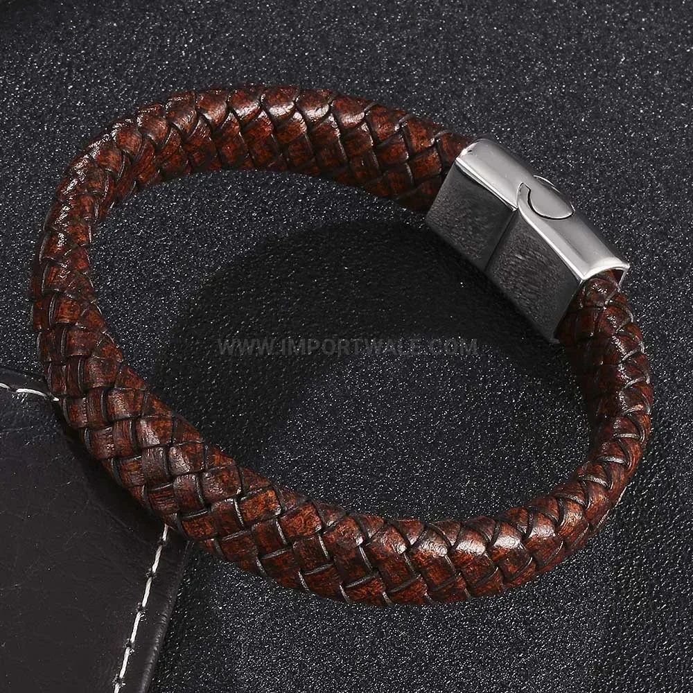 Matte Brown Braided Leather Wristband with Stainless Steel Clasp