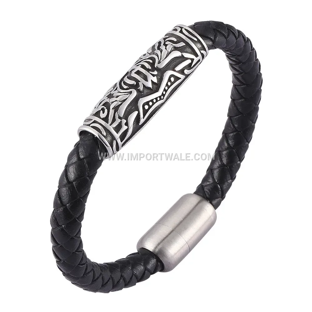 Retro Black Braided Leather Stainless Steel Men's Wristband Bracelet