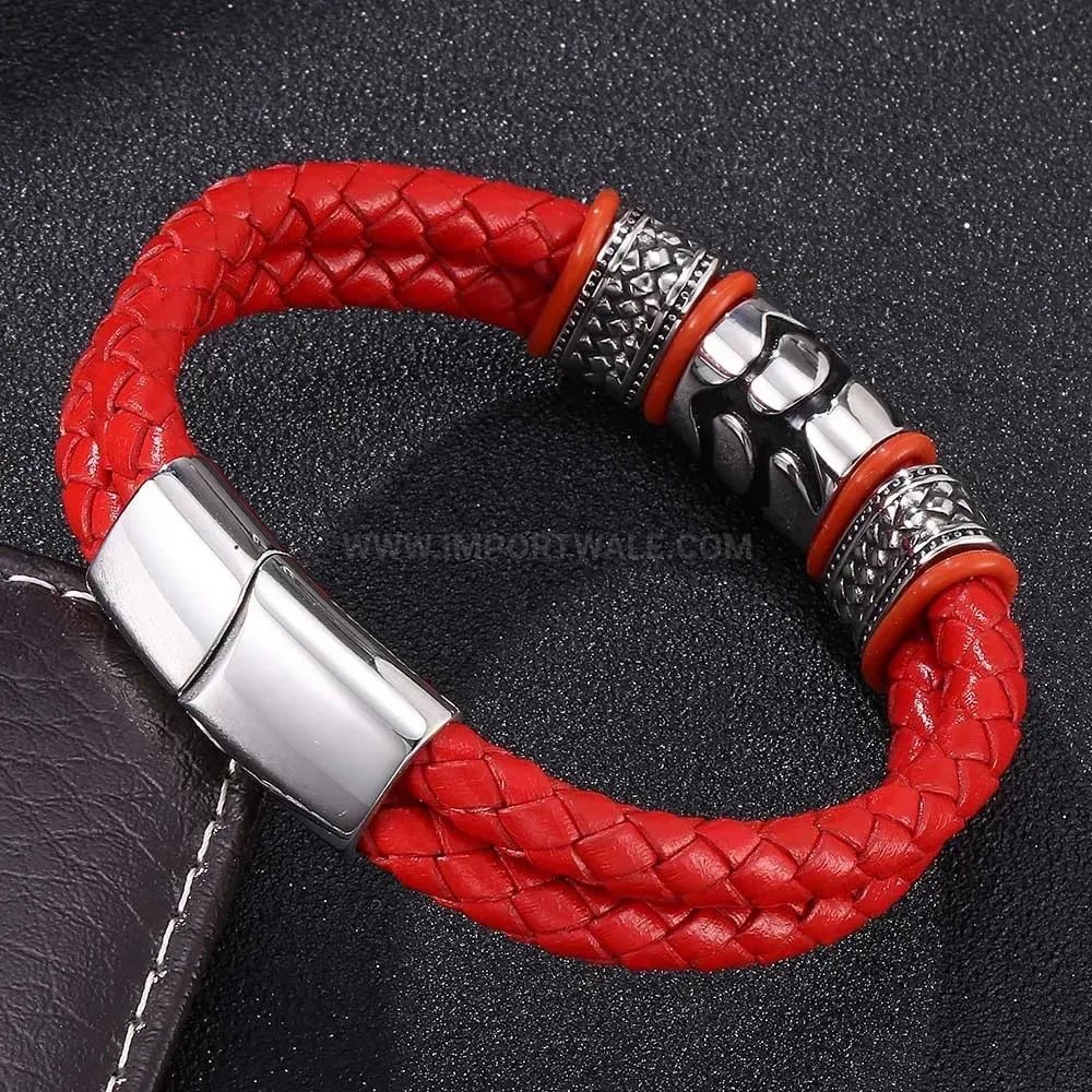 Double-Layer Patterned Leather Bracelet with Stainless Steel Magnetic Clasp