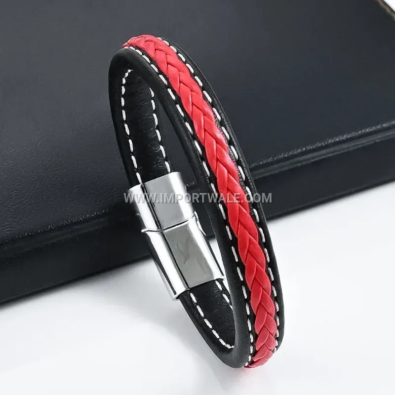 Multi Strand Woven Leather Wristband with Metallic Clasp