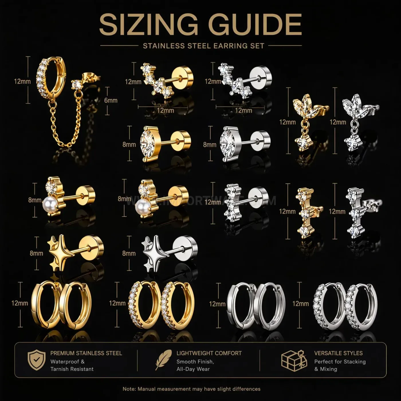 Premium Luxurious Cubic Zirconia and Stainless Steel Chain Cartilage Stud Set