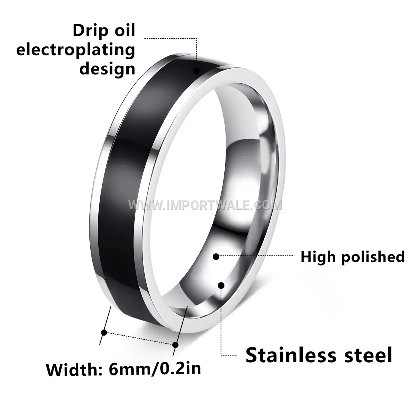 Six Millimeter Enamel Accent Electroplated Stainless Steel Band Ring