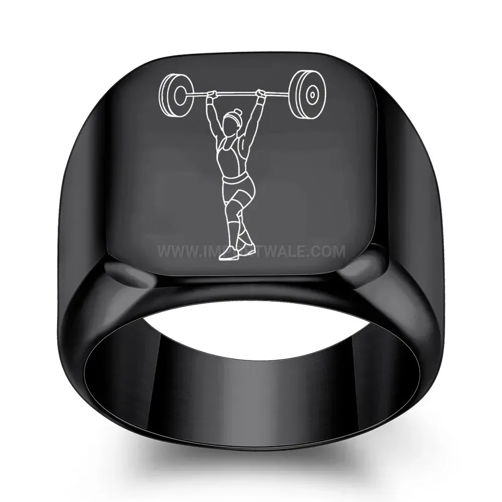 Classic Weightlifter Engraved Square Stainless Steel Signet Ring