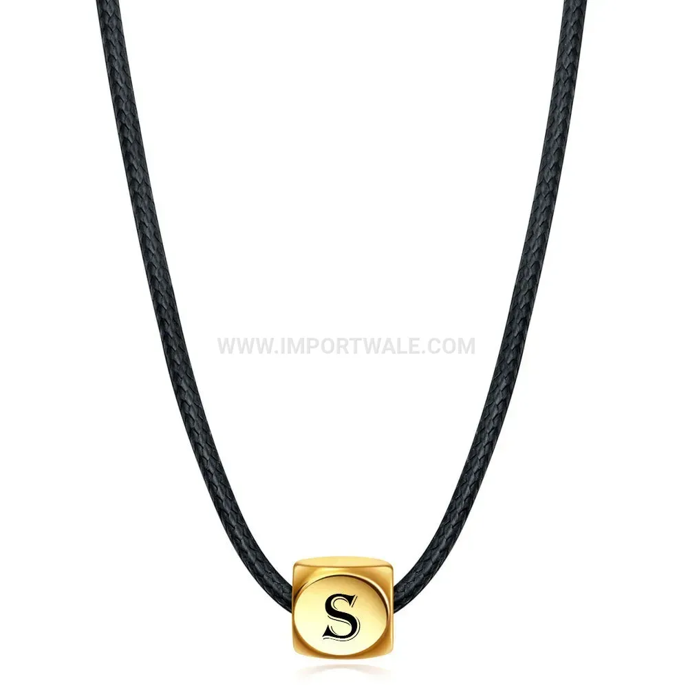 Stainless Steel Cube Initial Pendant Leather Cord Necklace