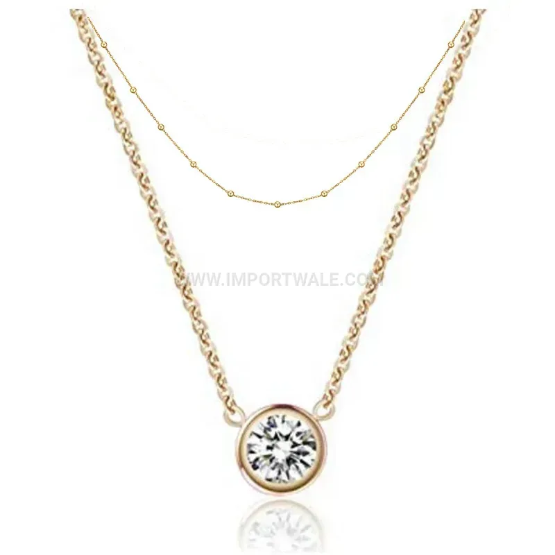 Double Layer Stainless Steel Solitaire Crystal Pendant Layered Necklace