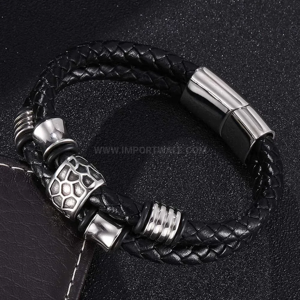 Chic Multi Layer Leather Stainless Steel Magnetic Clasp Punk Bracelet