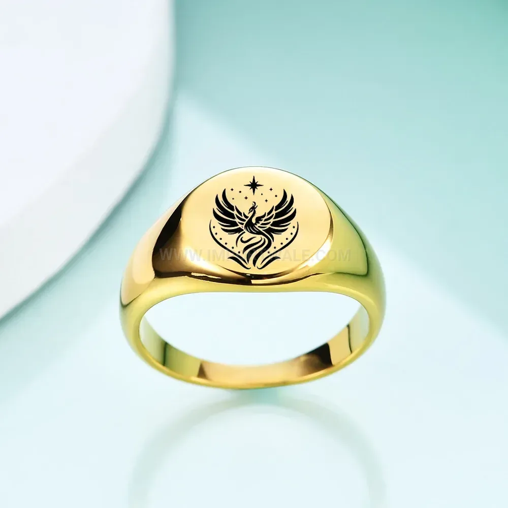 Chic Polished Round Stainless Steel Phoenix Engraved Ring