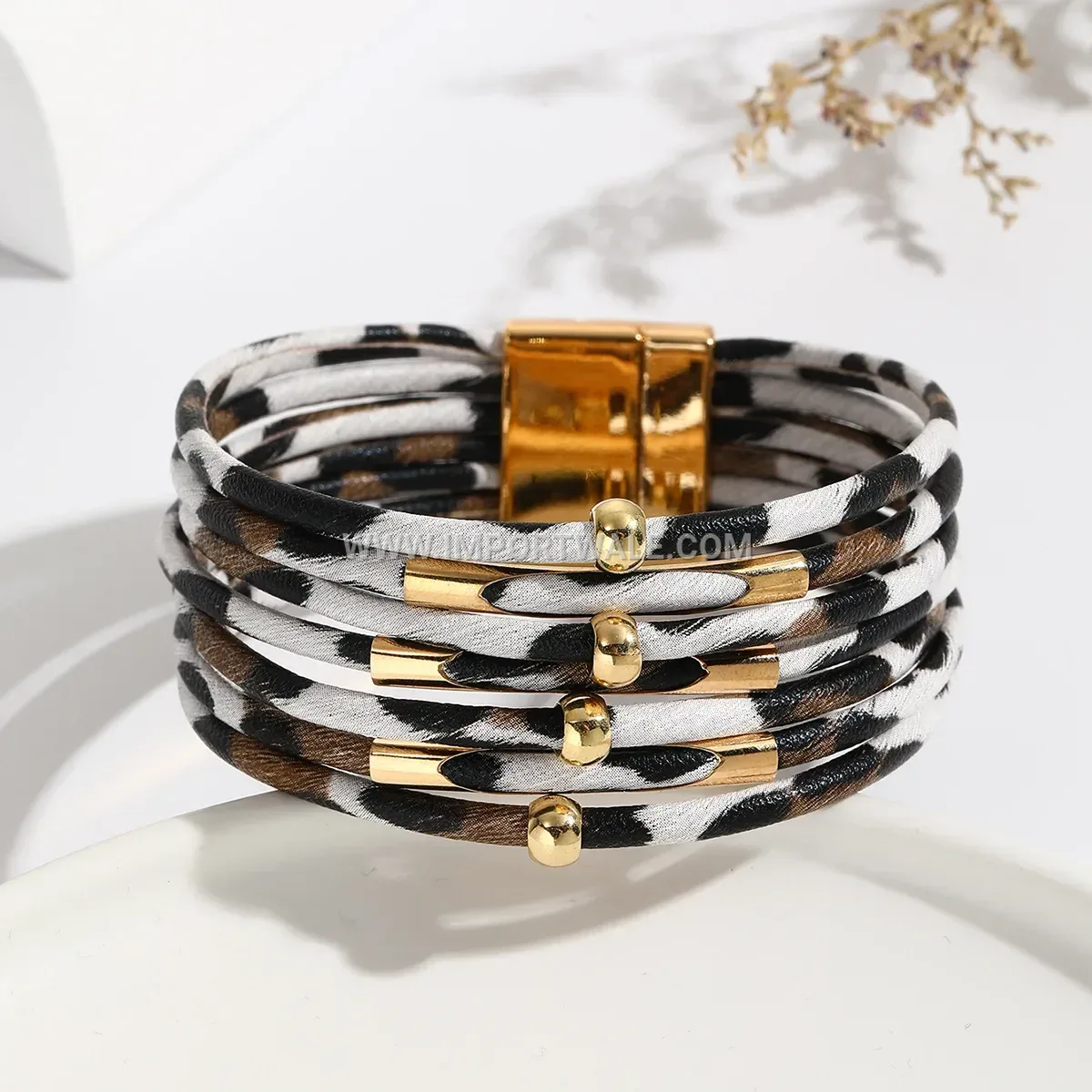 Multi-Strand Leopard Print Leather Bracelet with Curved Tube