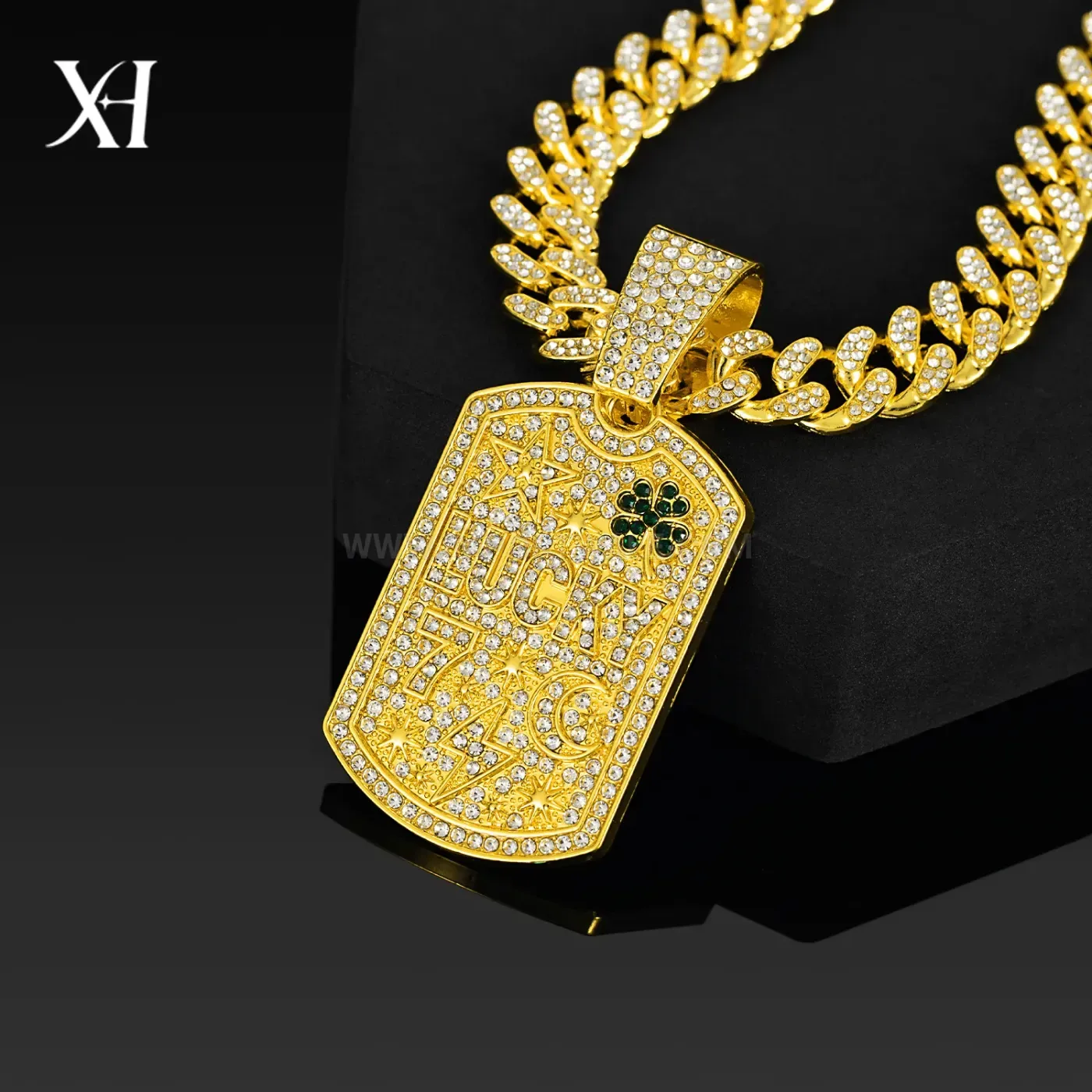 Full Crystal Four Leaf Clover Dog Tag Pendant