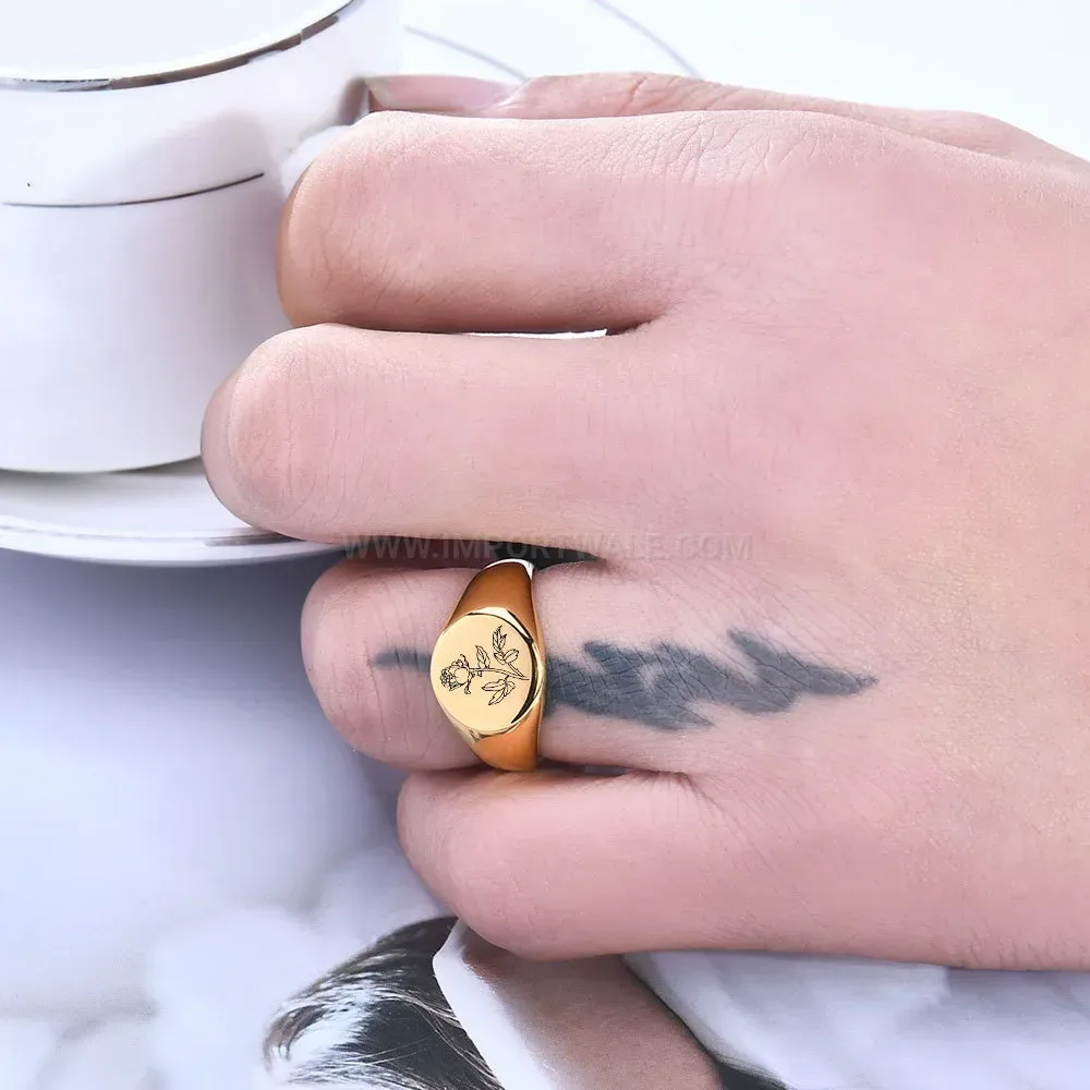 Modern Laser Engraved Rose Motif Polished Stainless Steel Ring