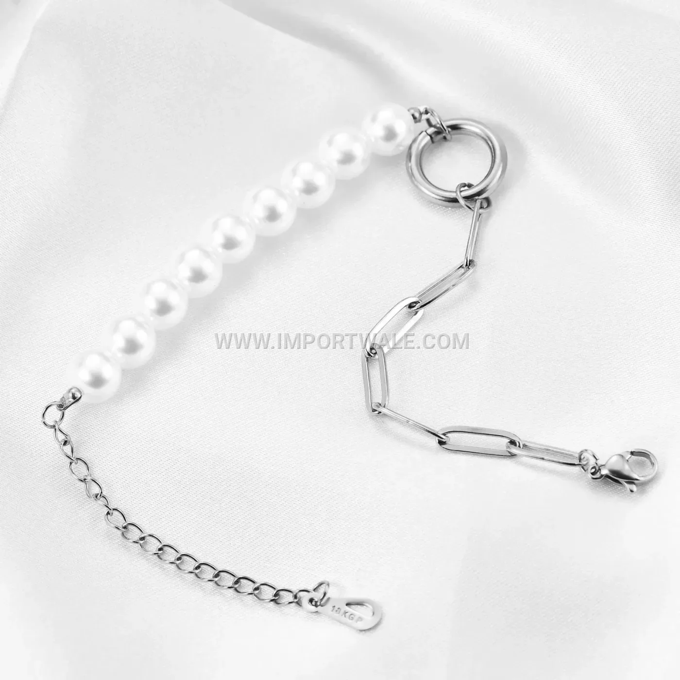 Faux Pearl Safety Pin Chain Stainless Steel Bracelet