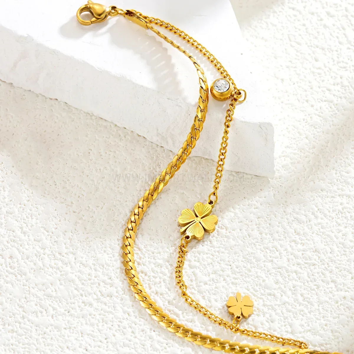 Double Layer Stainless Steel Four Leaf Clover Bracelet
