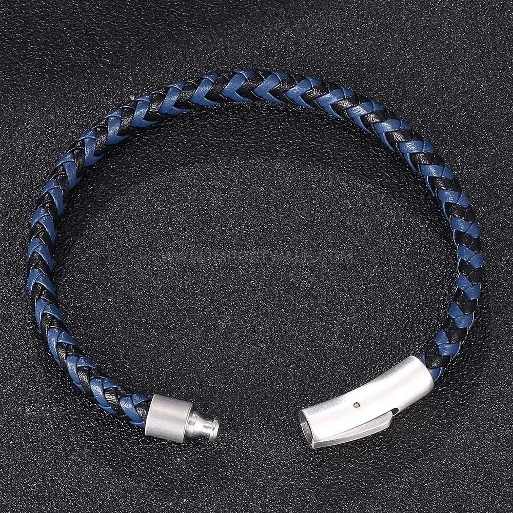 Braided Leather and Stainless Steel Snap Clasp Men's Bracelet