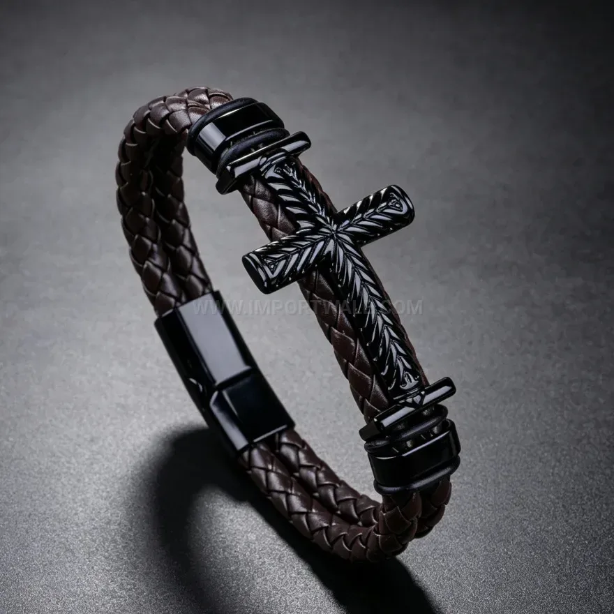Fashion Braided PU Leather Cross Bracelet with Punk Magnetic Clasp
