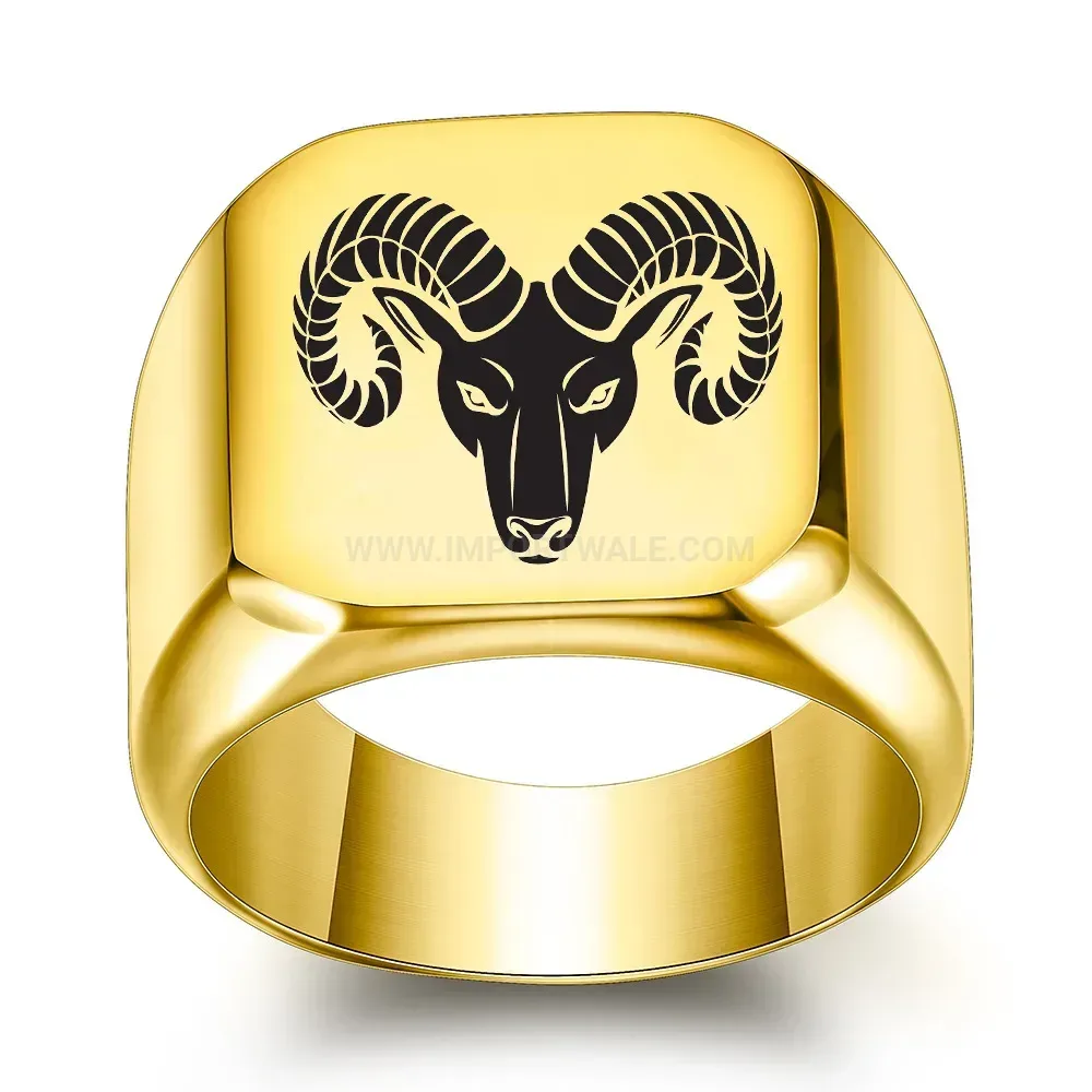 Chic Vintage Engraved Ram Head Stainless Steel Square Signet Ring