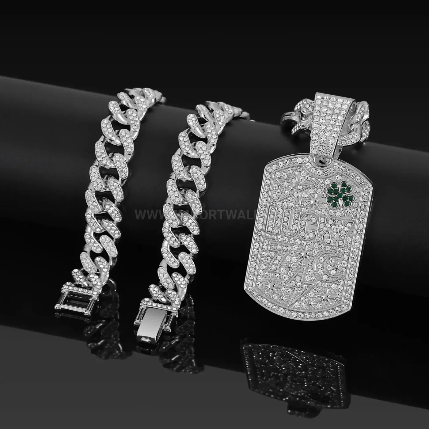 Full Crystal Four Leaf Clover Dog Tag Pendant