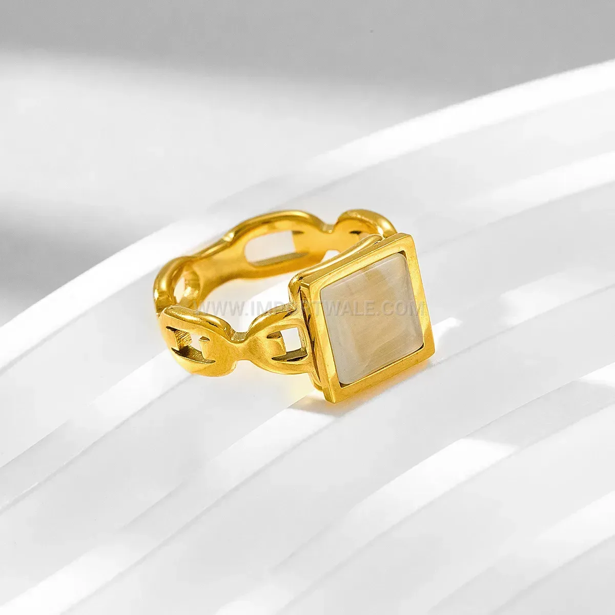 Geometric Cutout Stainless Steel Gold Plated Zircon Band Ring