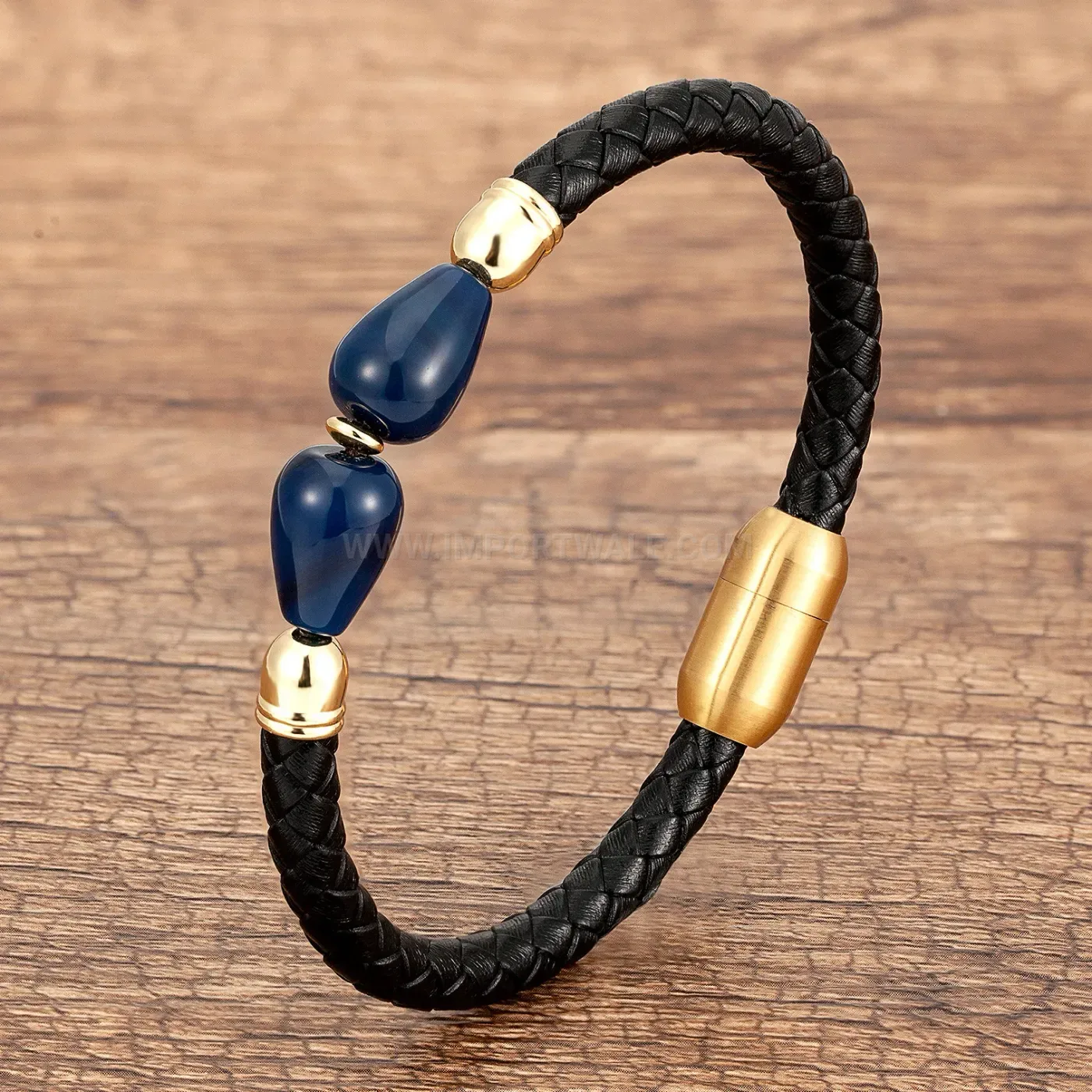 Minimalist Stone and Woven Leather Bracelet with Steel Clasp