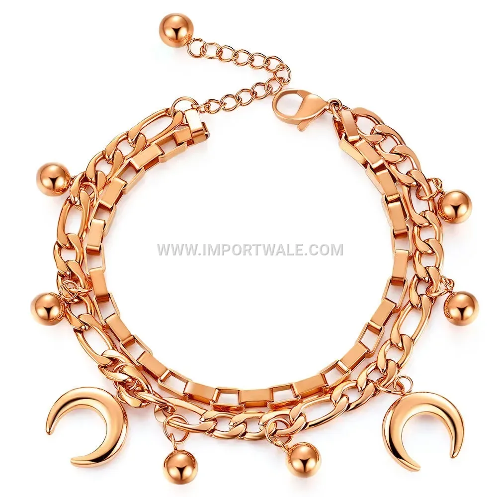 Double Layer Stainless Steel Cuban Chain Bracelet with Moon Charm