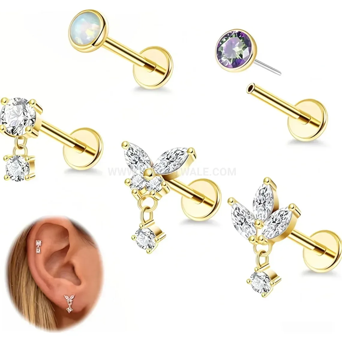 Designer Internally Threaded Stainless Steel Zirconia Dangle Piercing Stud