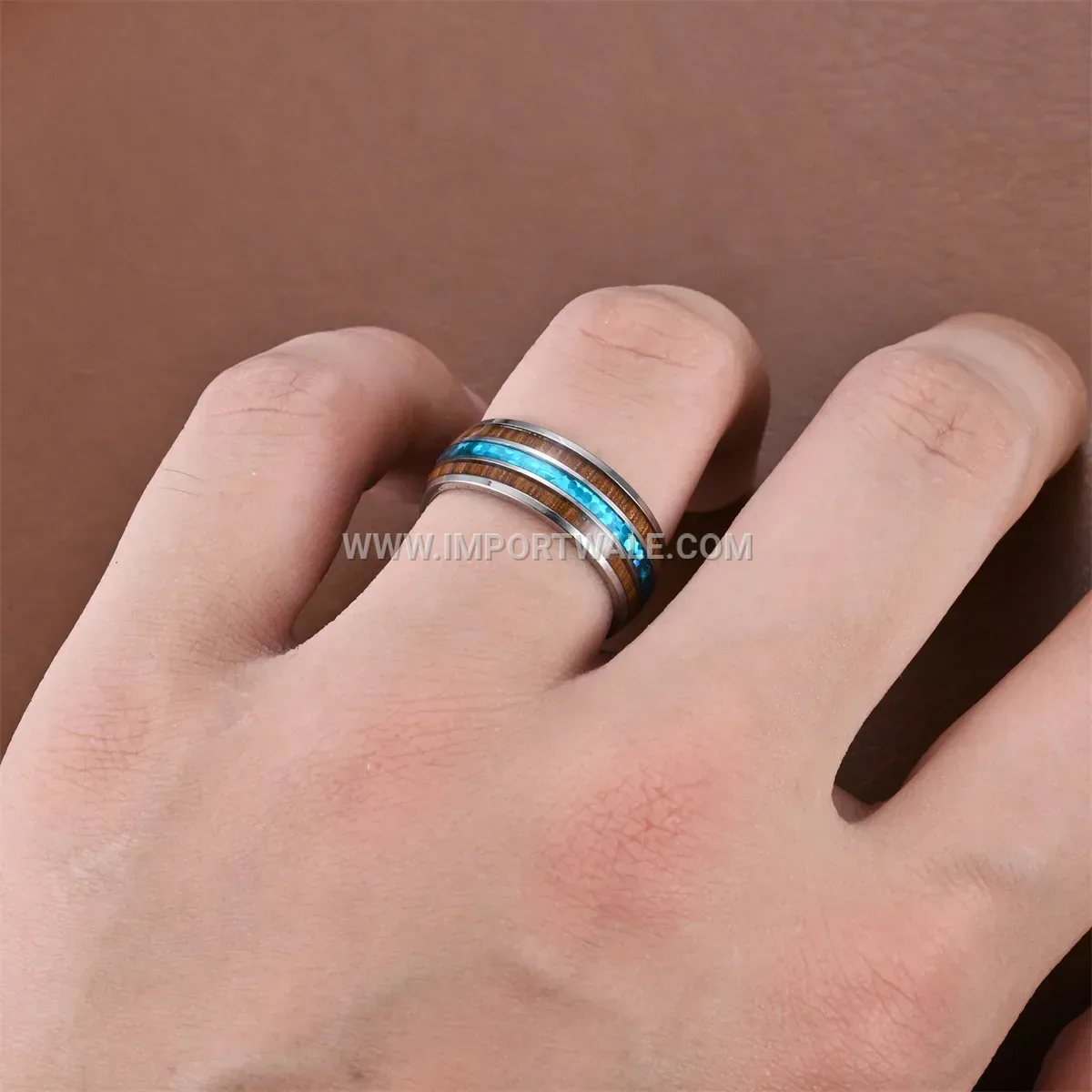 Light Blue Wood Grain Stainless Steel Band Ring