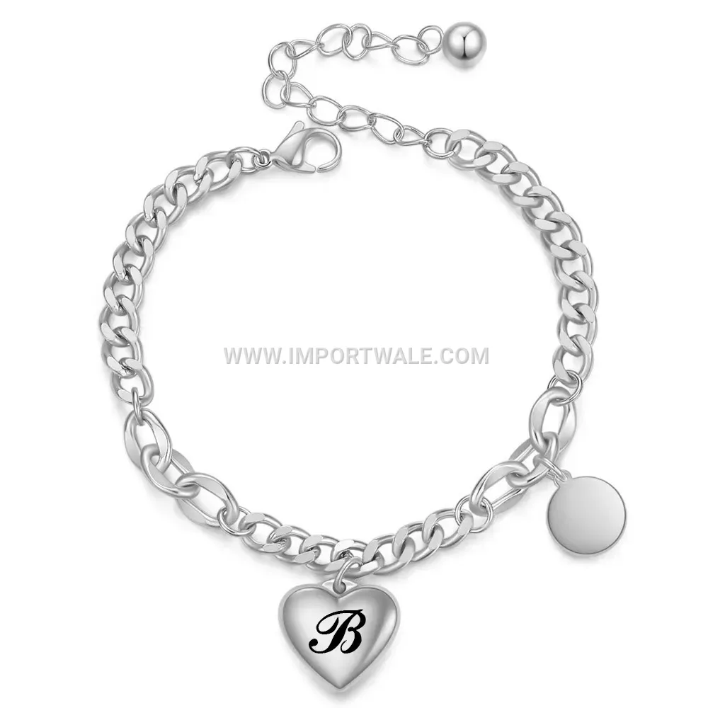 Stainless Steel Initial Letter Charm Bracelet with Heart Disc