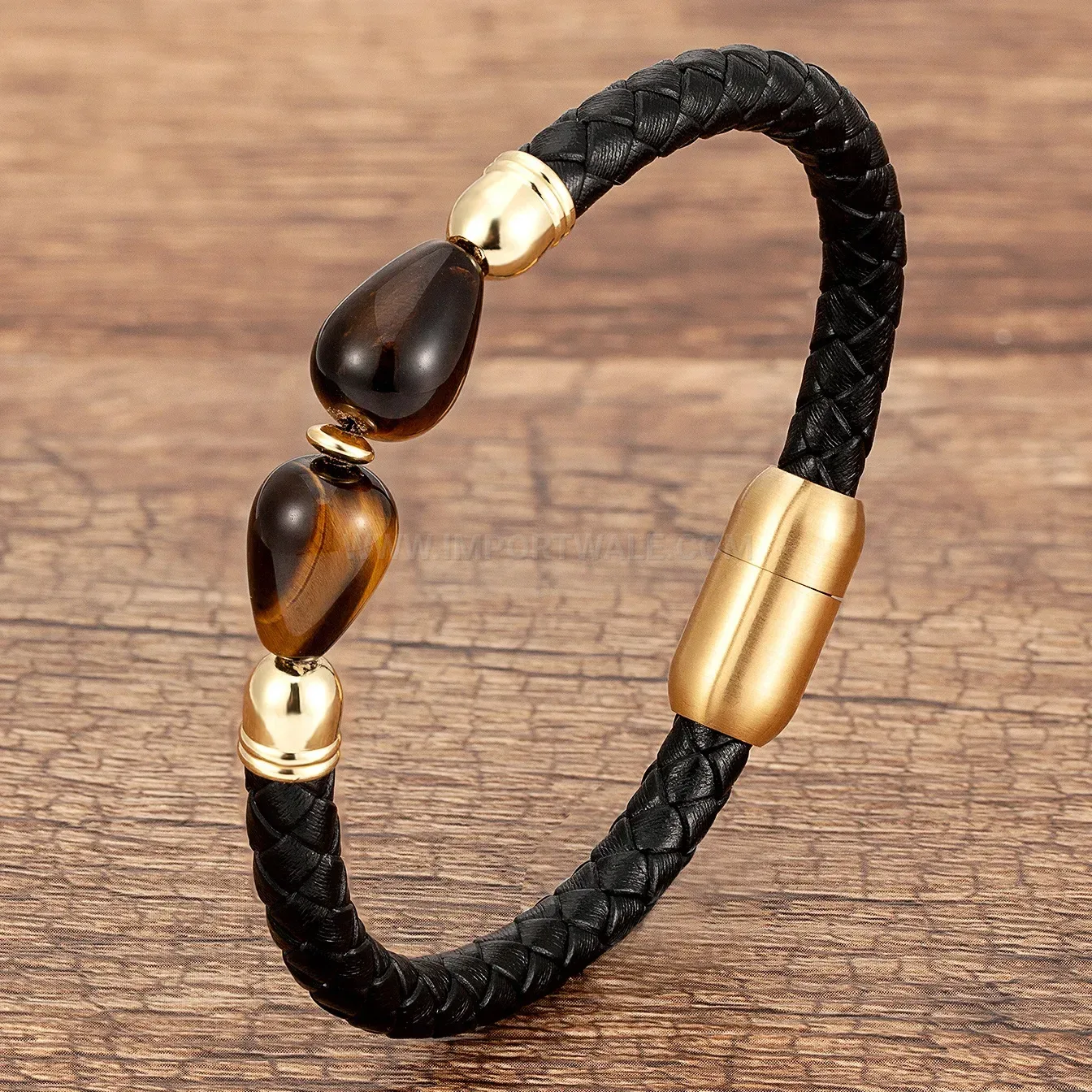 Minimalist Stone and Woven Leather Bracelet with Steel Clasp