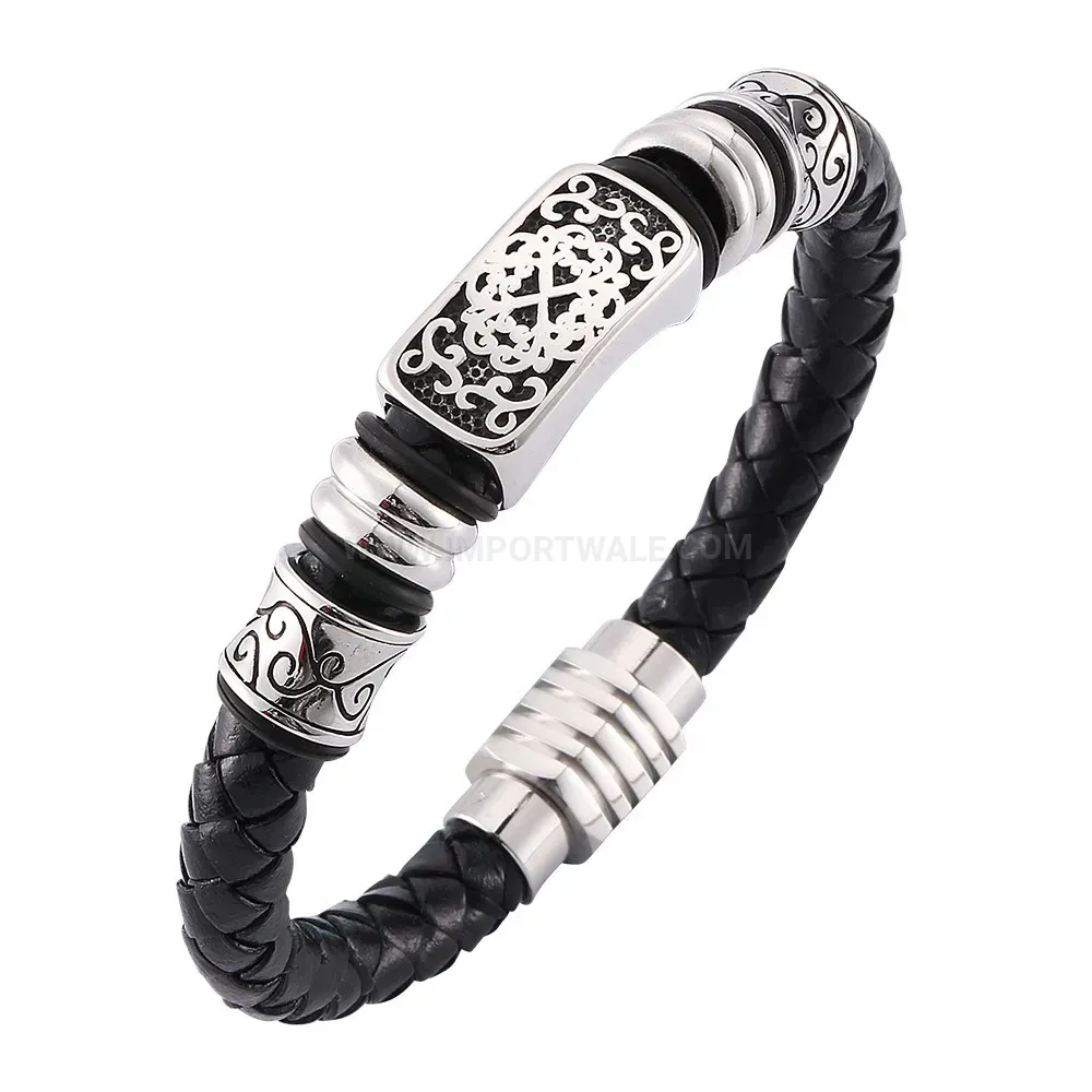 Patterned Braided Leather Magnetic Cuff with Stainless Steel Details