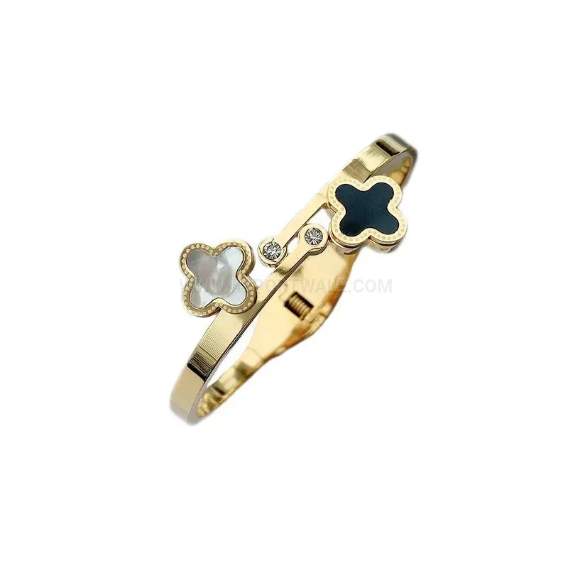 Premium Double Four Leaf Clover Shell Titanium Steel Open Bangle