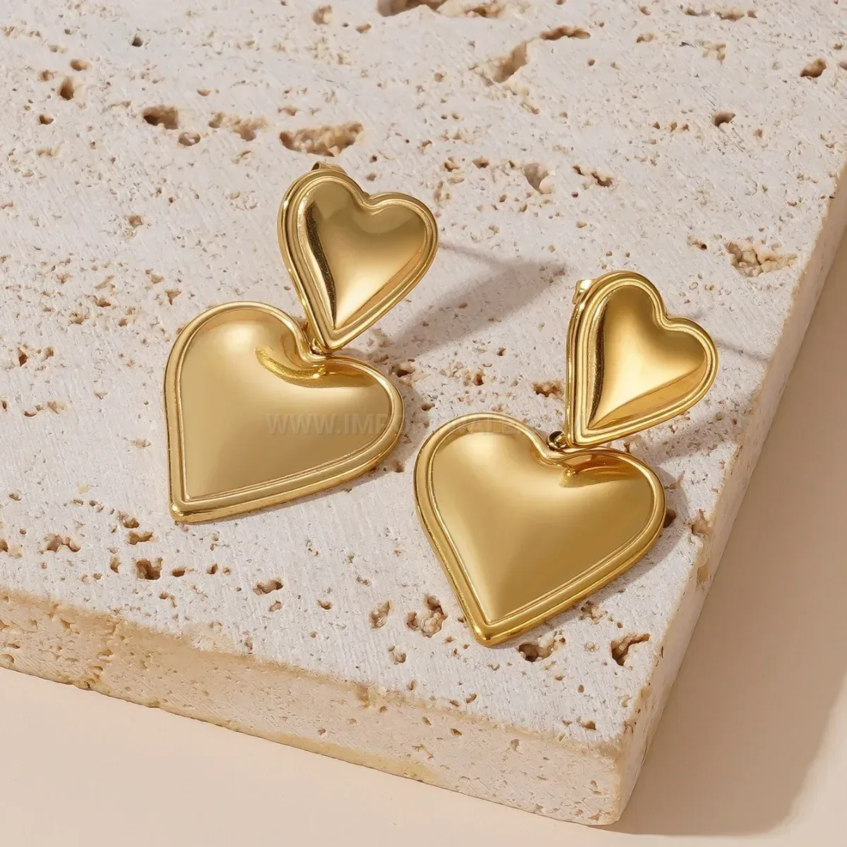 14K Gold-Plated Stainless Steel Layered Heart Pendant and Earrings Set