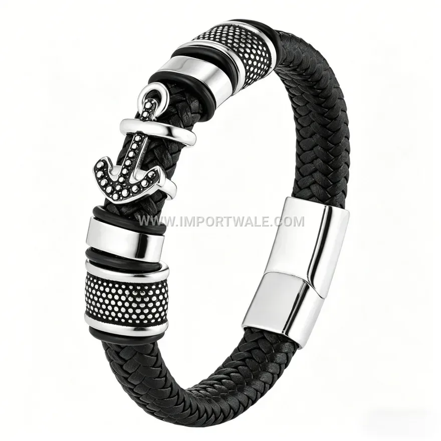 Nautical Anchor Braided Leather Wrap Bracelet