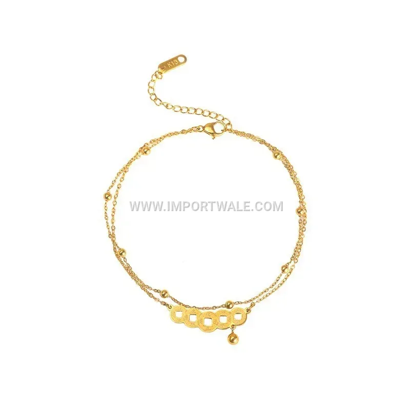 Vintage Coin Charm Bell Anklet in Gold Tone Stainless Steel