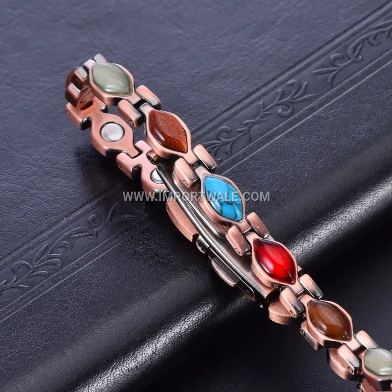 Vintage Geometric Red Copper Magnetic Bracelet with Turquoise Accent